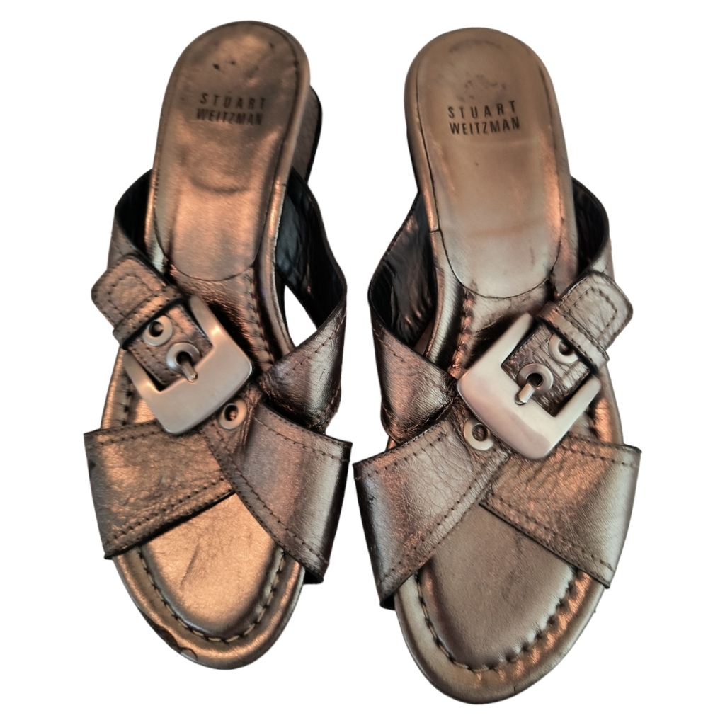 Stuart Weitzman Tulsa Buckled Low Wedge Metallic Women's Slip On Sandal Size 5.5